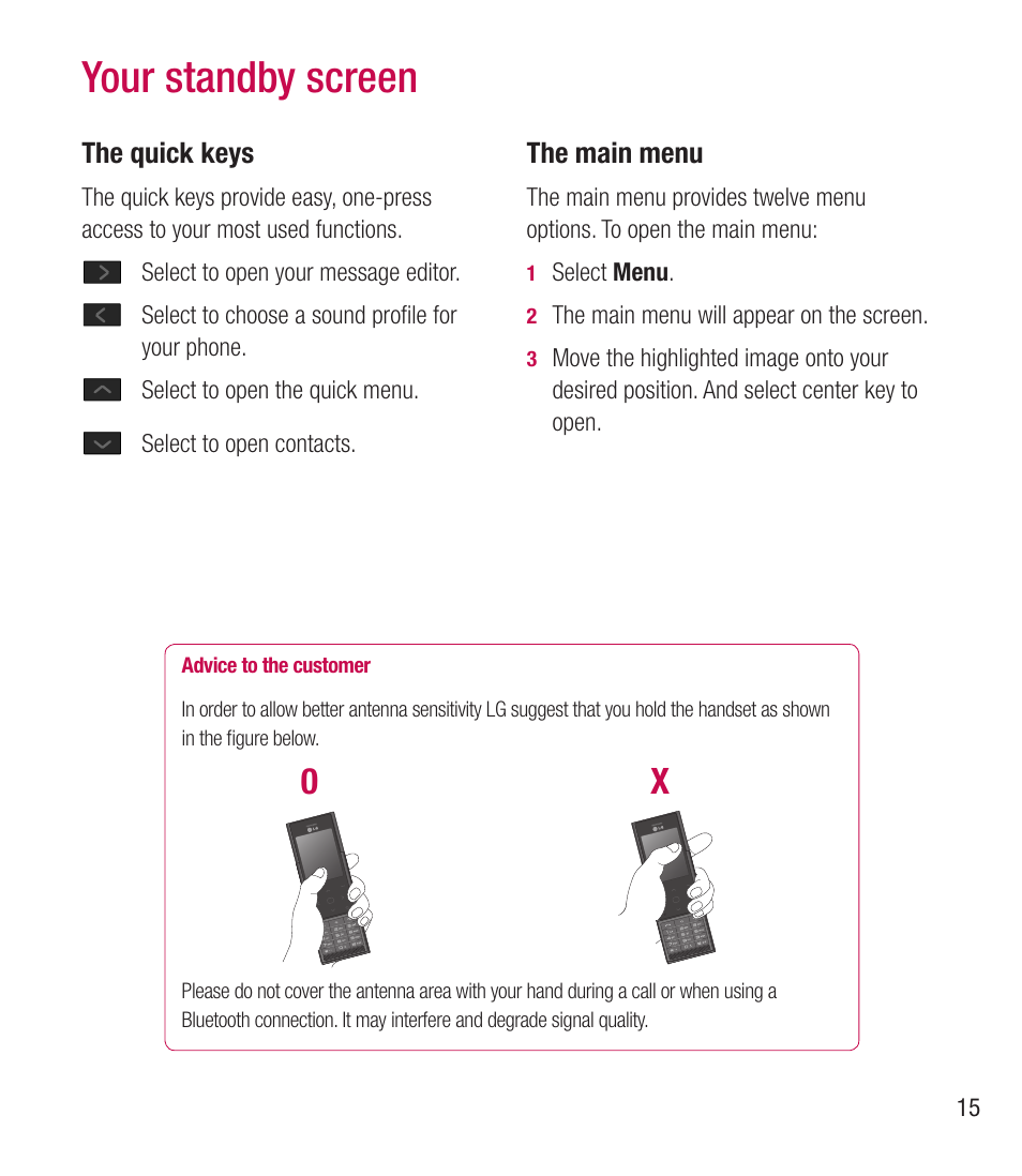 Your standby screen | LG BL20 User Manual | Page 15 / 48