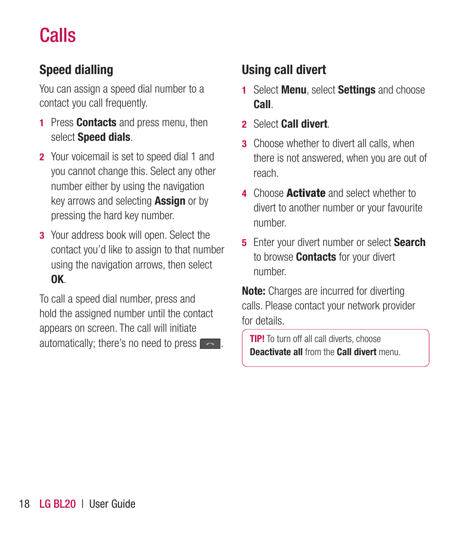 Calls | LG BL20 User Manual | Page 18 / 48