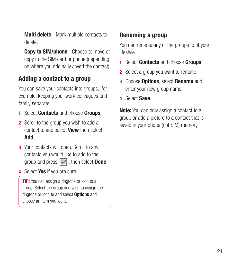 Adding a contact to a group, Renaming a group | LG BL20 User Manual | Page 21 / 48