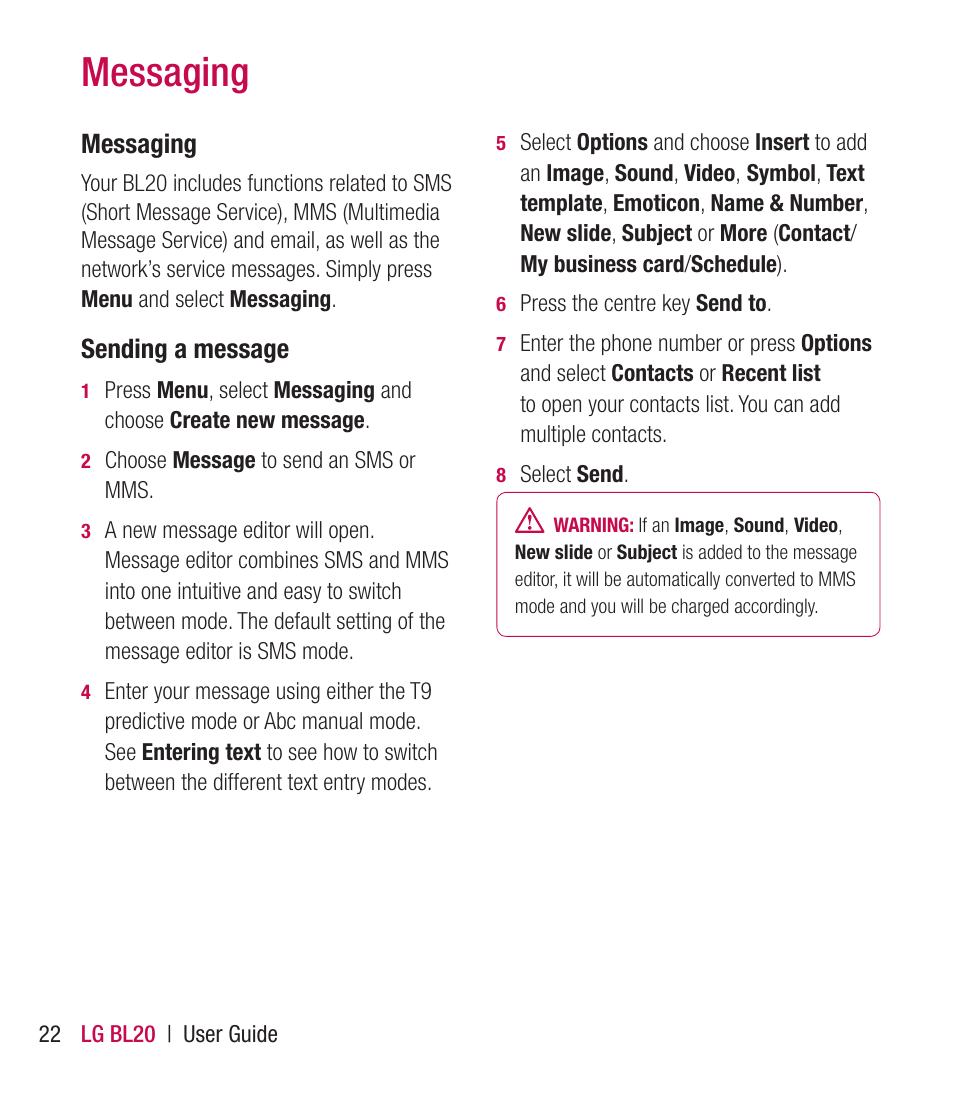 Messaging | LG BL20 User Manual | Page 22 / 48