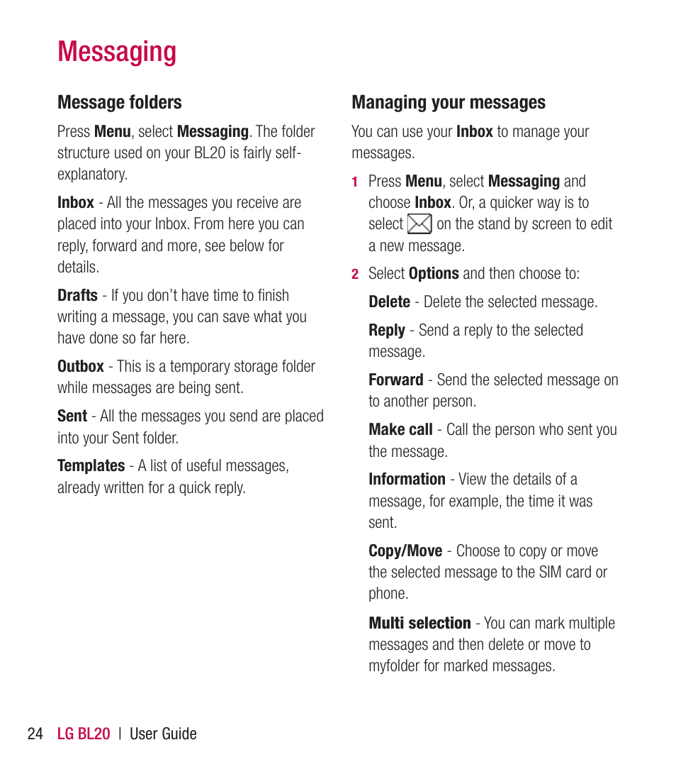 Messaging | LG BL20 User Manual | Page 24 / 48