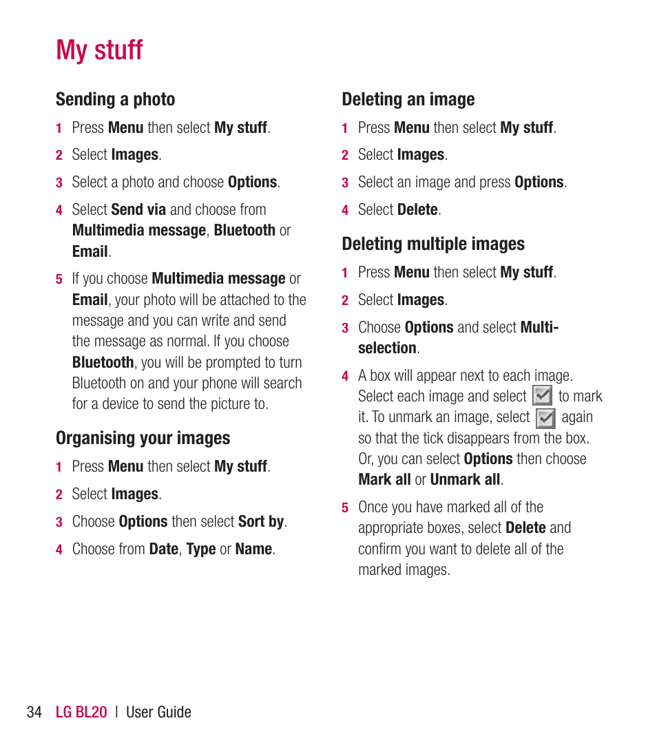 My stuff | LG BL20 User Manual | Page 34 / 48