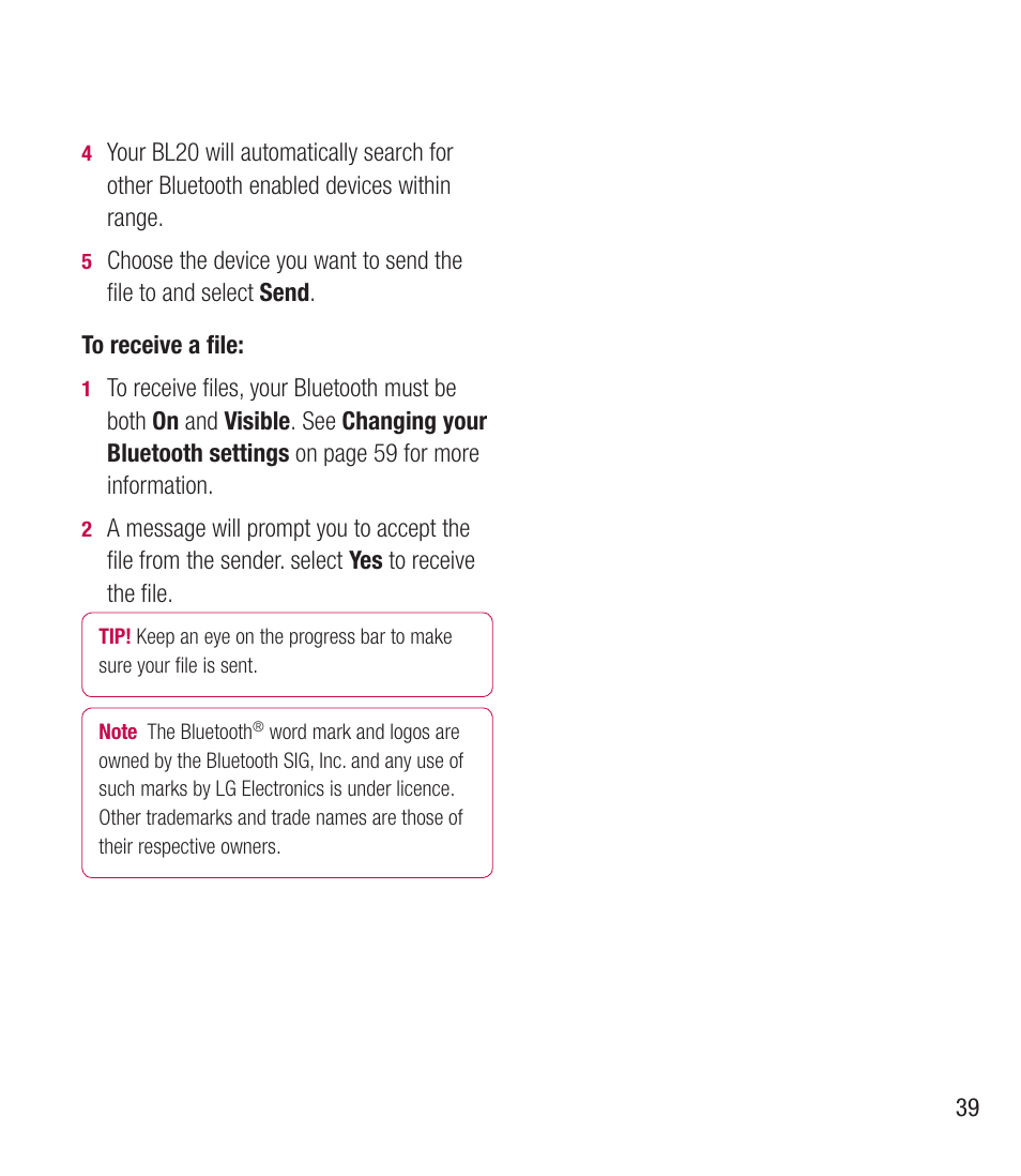 LG BL20 User Manual | Page 39 / 48