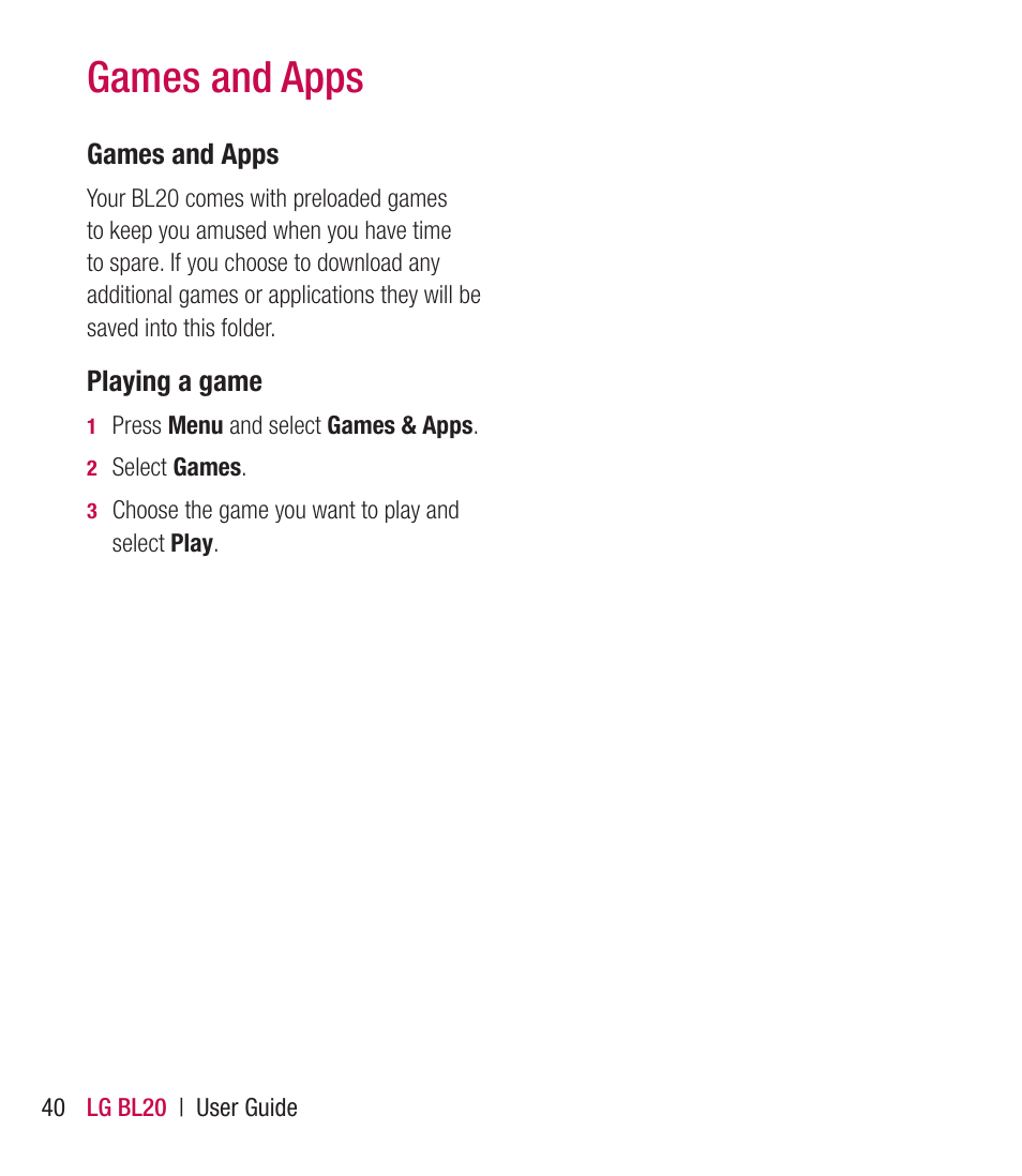 Games and apps | LG BL20 User Manual | Page 40 / 48