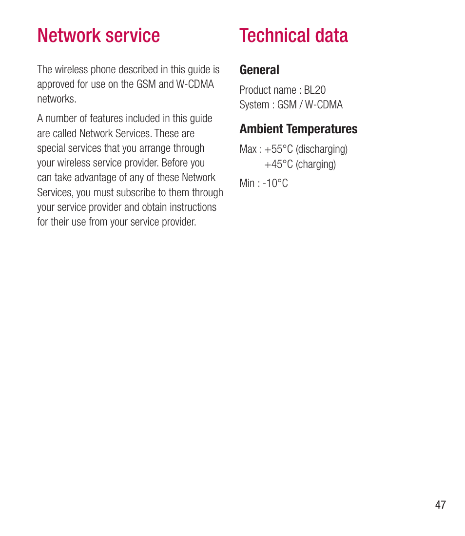 Network service technical data | LG BL20 User Manual | Page 47 / 48