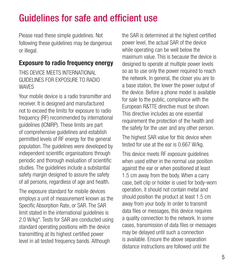 Guidelines for safe and efﬁ cient use | LG BL20 User Manual | Page 5 / 48