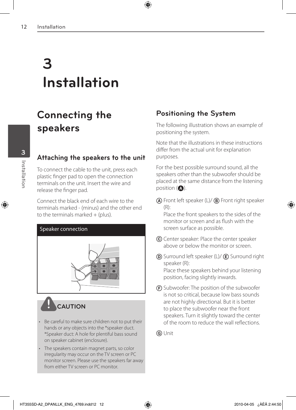 3installation, Connecting the speakers, Attaching the speakers to the unit | Positioning the system | LG SH35SD-S User Manual | Page 12 / 32
