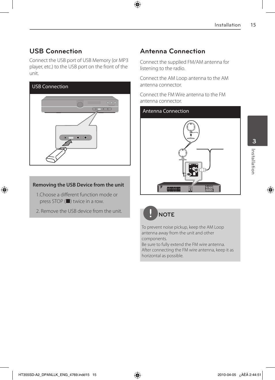 Usb connection, Antenna connection | LG SH35SD-S User Manual | Page 15 / 32
