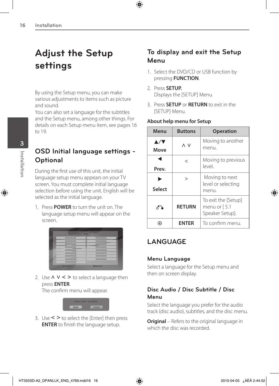 Adjust the setup settings, Osd initial language settings - optional, Language | LG SH35SD-S User Manual | Page 16 / 32