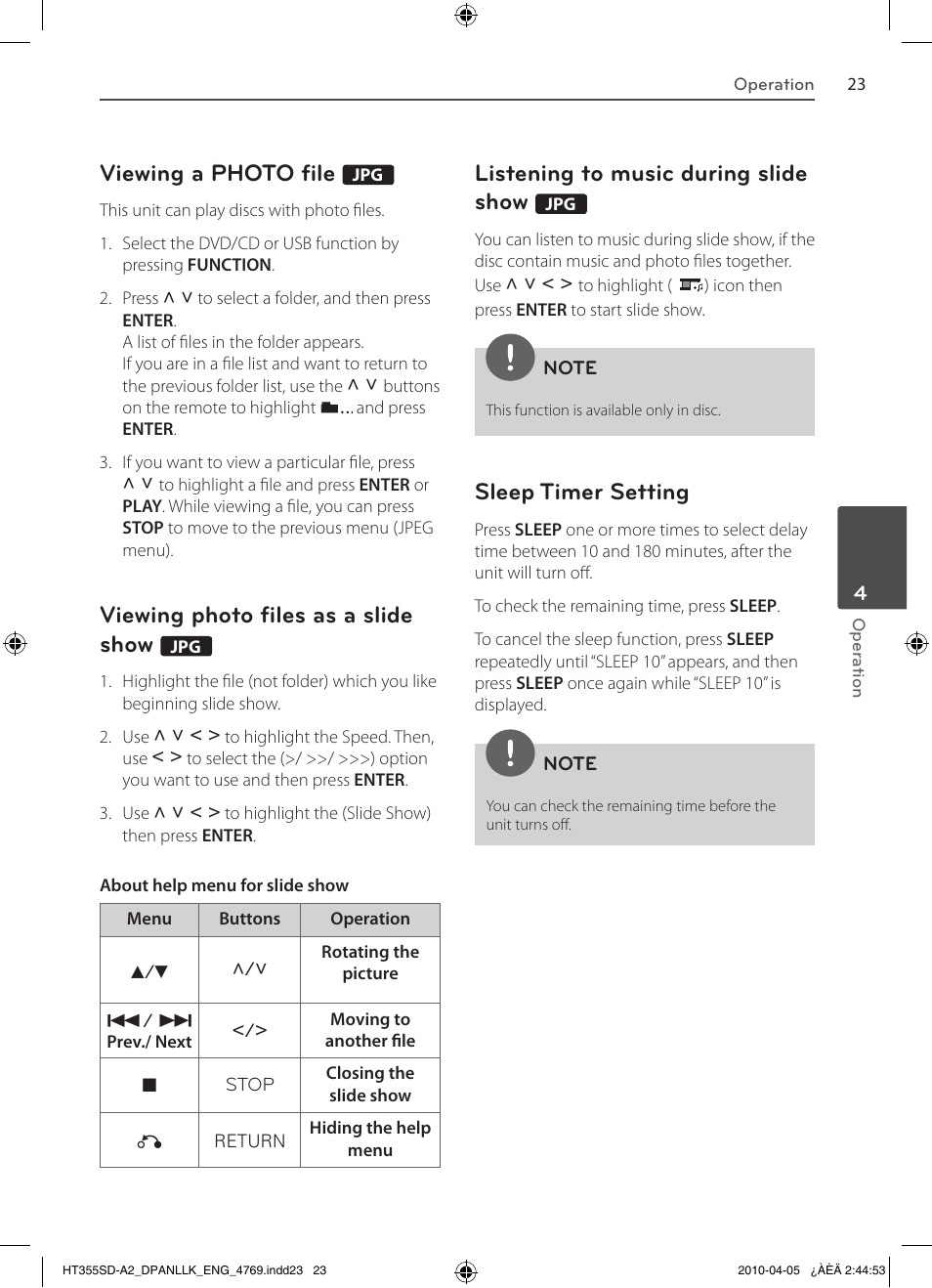 Viewing a photo file, Viewing photo files as a slide show, Listening to music during slide show | Sleep timer setting | LG SH35SD-S User Manual | Page 23 / 32