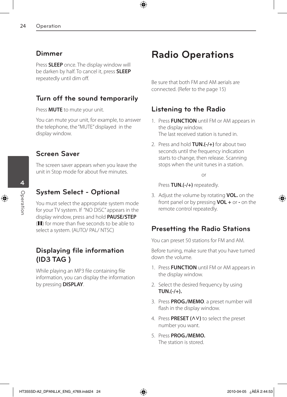 Radio operations, Dimmer, Turn off the sound temporarily | Screen saver, System select - optional, Displaying file information (id3 tag ), Listening to the radio, Presetting the radio stations | LG SH35SD-S User Manual | Page 24 / 32