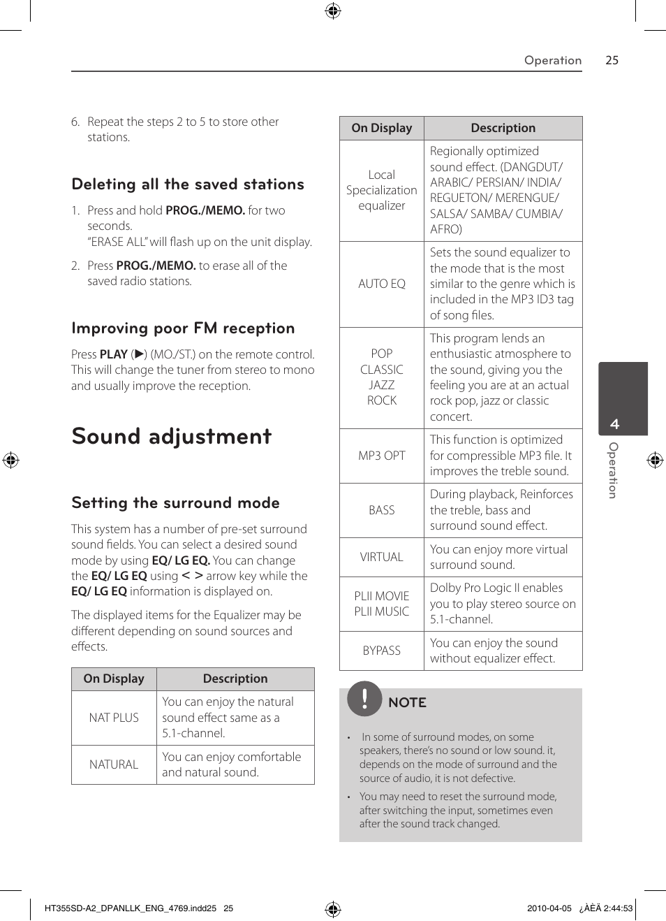 Sound adjustment, Deleting all the saved stations, Improving poor fm reception | Setting the surround mode | LG SH35SD-S User Manual | Page 25 / 32