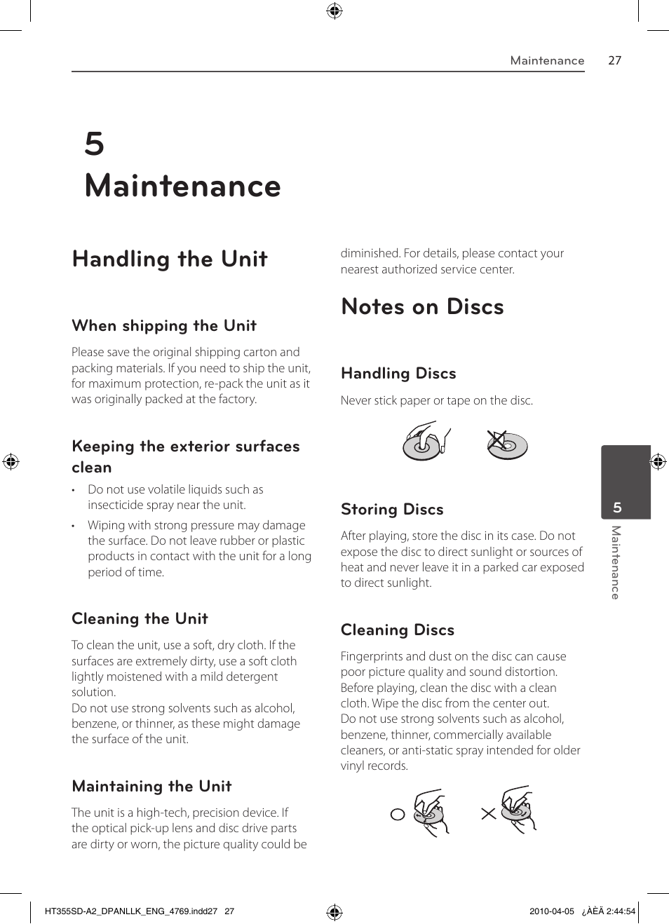 5maintenance, Handling the unit | LG SH35SD-S User Manual | Page 27 / 32