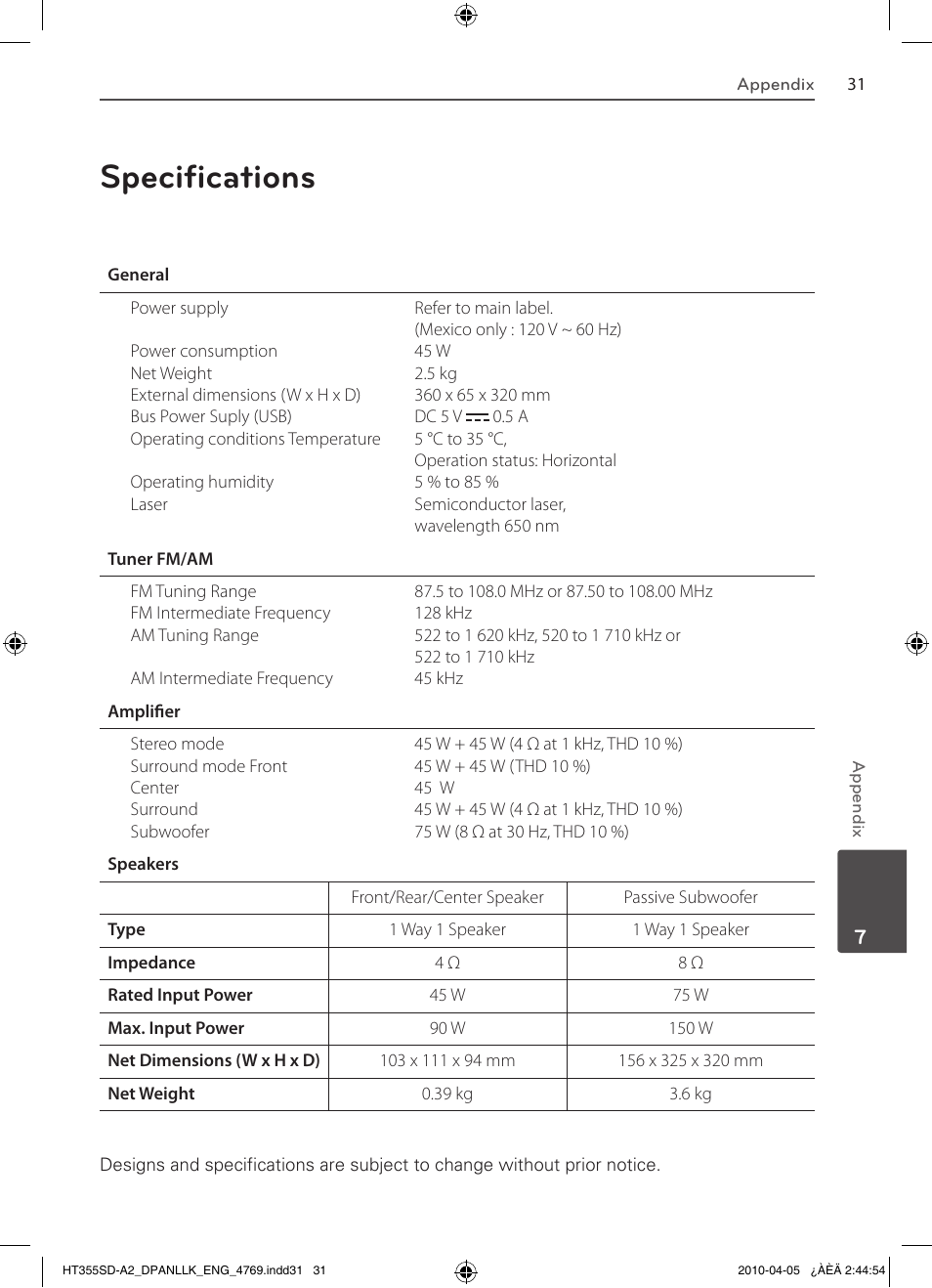 Specifications | LG SH35SD-S User Manual | Page 31 / 32