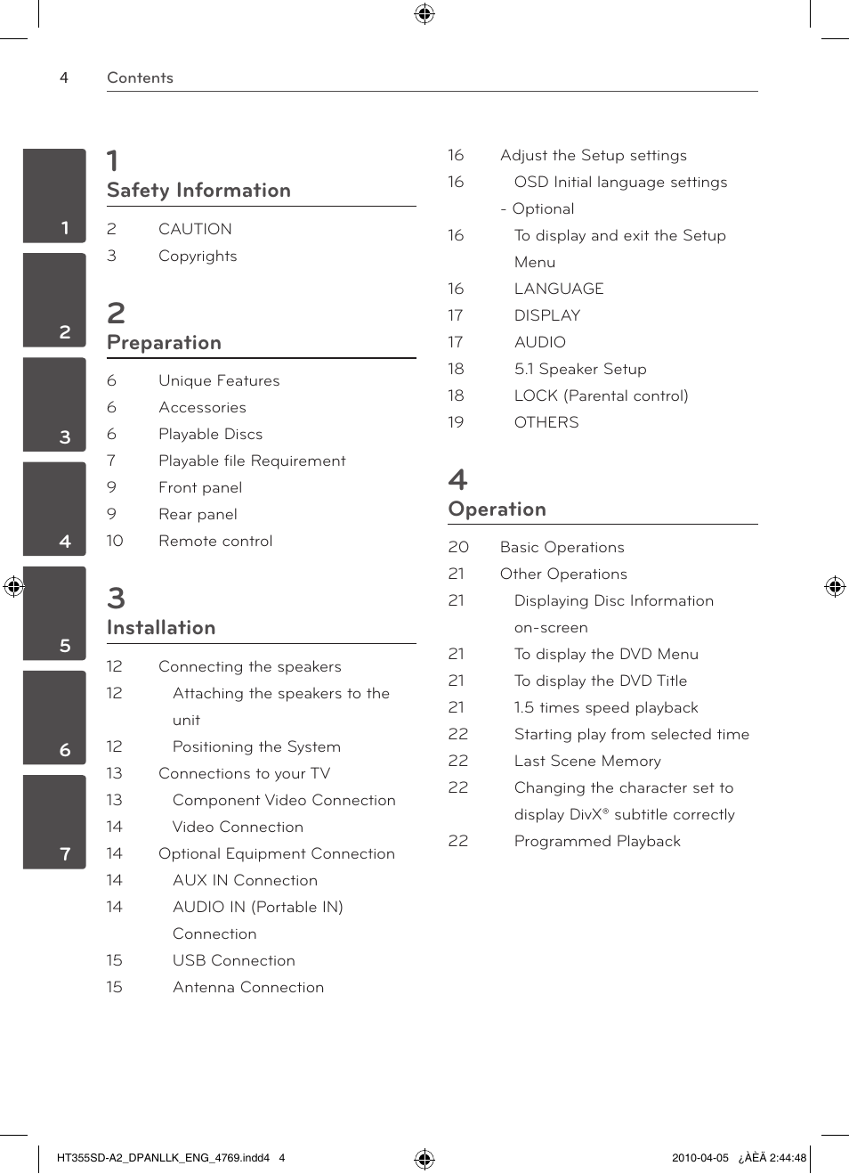 Safety information, Preparation, Installation | Operation | LG SH35SD-S User Manual | Page 4 / 32