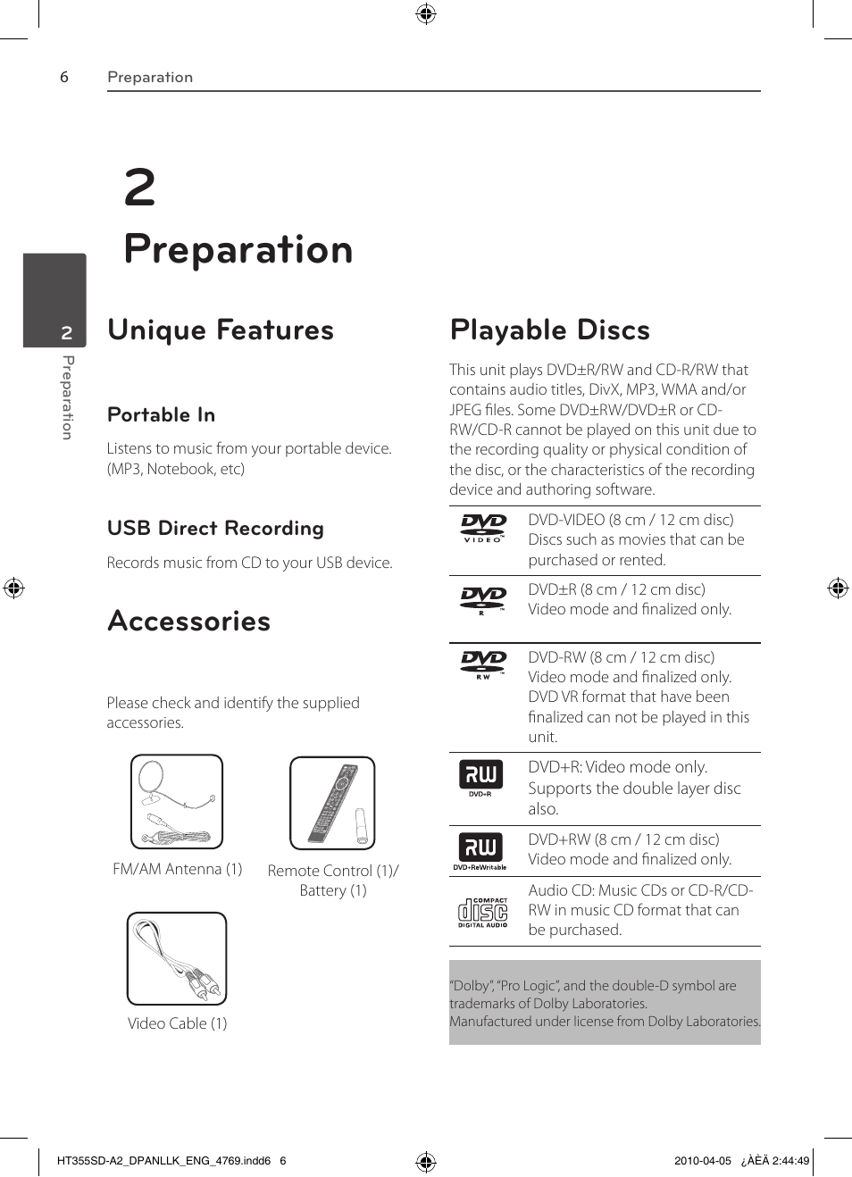 Preparation, Unique features, Accessories | Playable discs | LG SH35SD-S User Manual | Page 6 / 32
