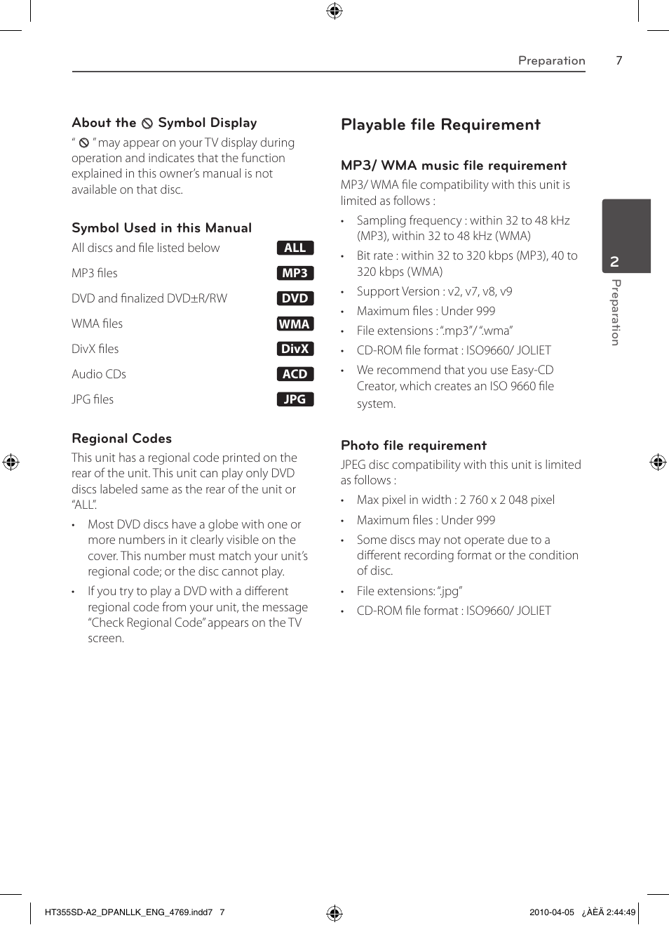 Playable file requirement | LG SH35SD-S User Manual | Page 7 / 32