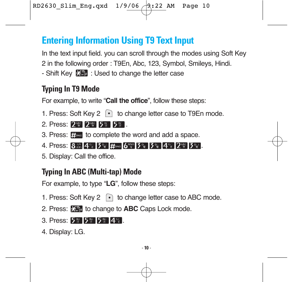 Entering information using t9 text input, Typing in t9 mode, Typing in abc (multi-tap) mode | LG -RD2630 User Manual | Page 12 / 68