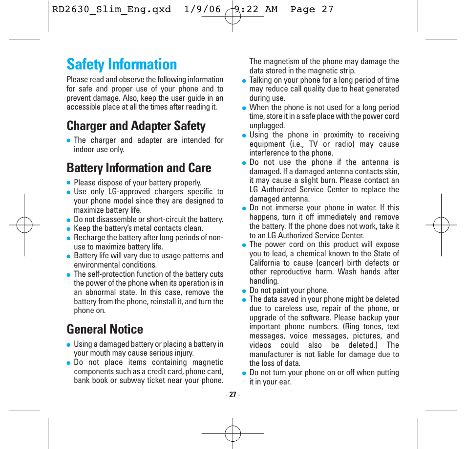 Safety information, Charger and adapter safety, Battery information and care | General notice | LG -RD2630 User Manual | Page 29 / 68