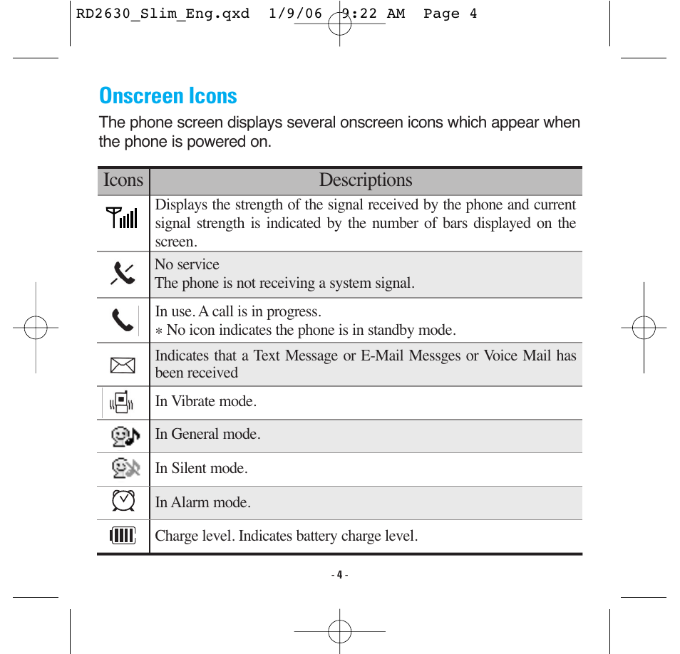 Onscreen icons, Icons descriptions | LG -RD2630 User Manual | Page 6 / 68