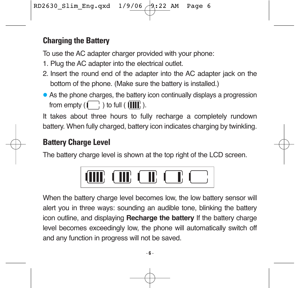 Charging the battery, Battery charge level | LG -RD2630 User Manual | Page 8 / 68