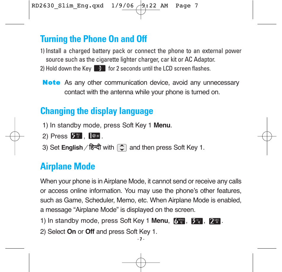 Turning the phone on and off, Changing the display language, Airplane mode | LG -RD2630 User Manual | Page 9 / 68