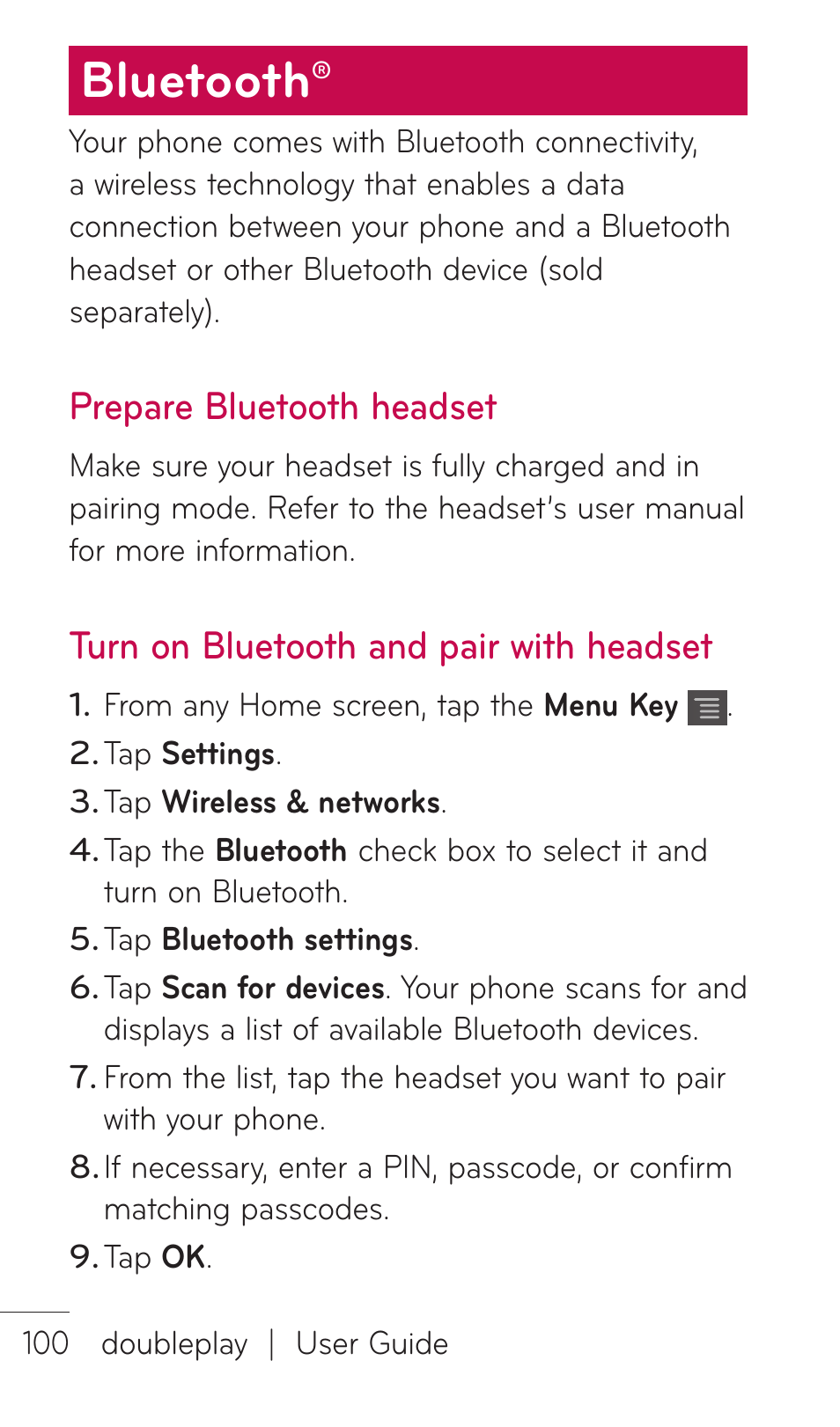 Bluetooth, Prepare bluetooth headset, Turn on bluetooth and pair with headset | LG DOUBLEPLAY MFL67441301 User Manual | Page 100 / 196
