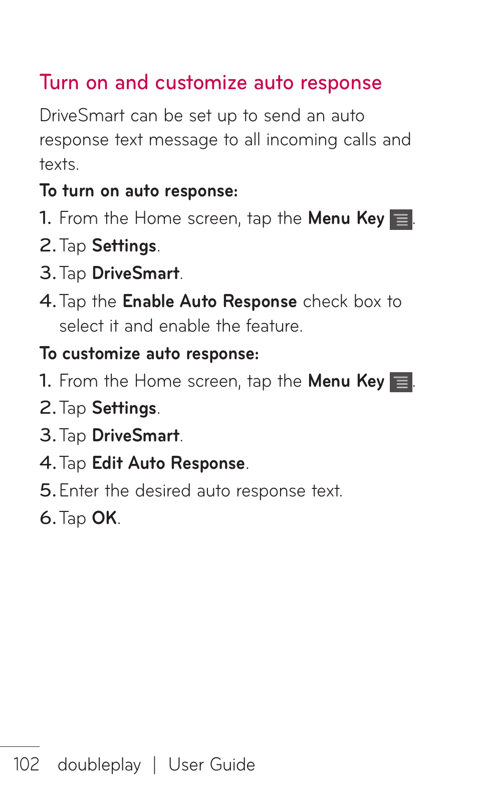 Turn on and customize auto response | LG DOUBLEPLAY MFL67441301 User Manual | Page 102 / 196