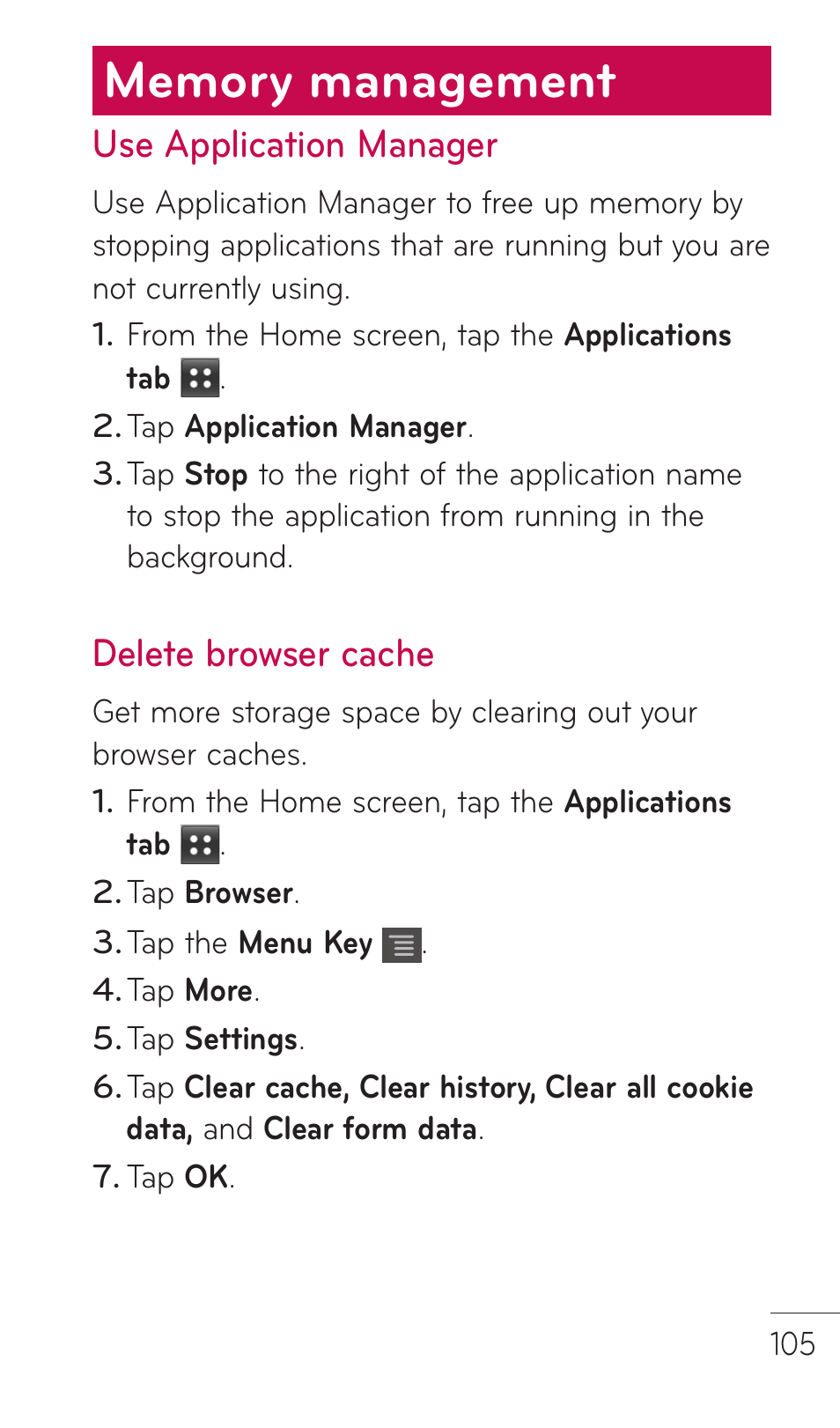 Memory management, Use application manager, Delete browser cache | LG DOUBLEPLAY MFL67441301 User Manual | Page 105 / 196