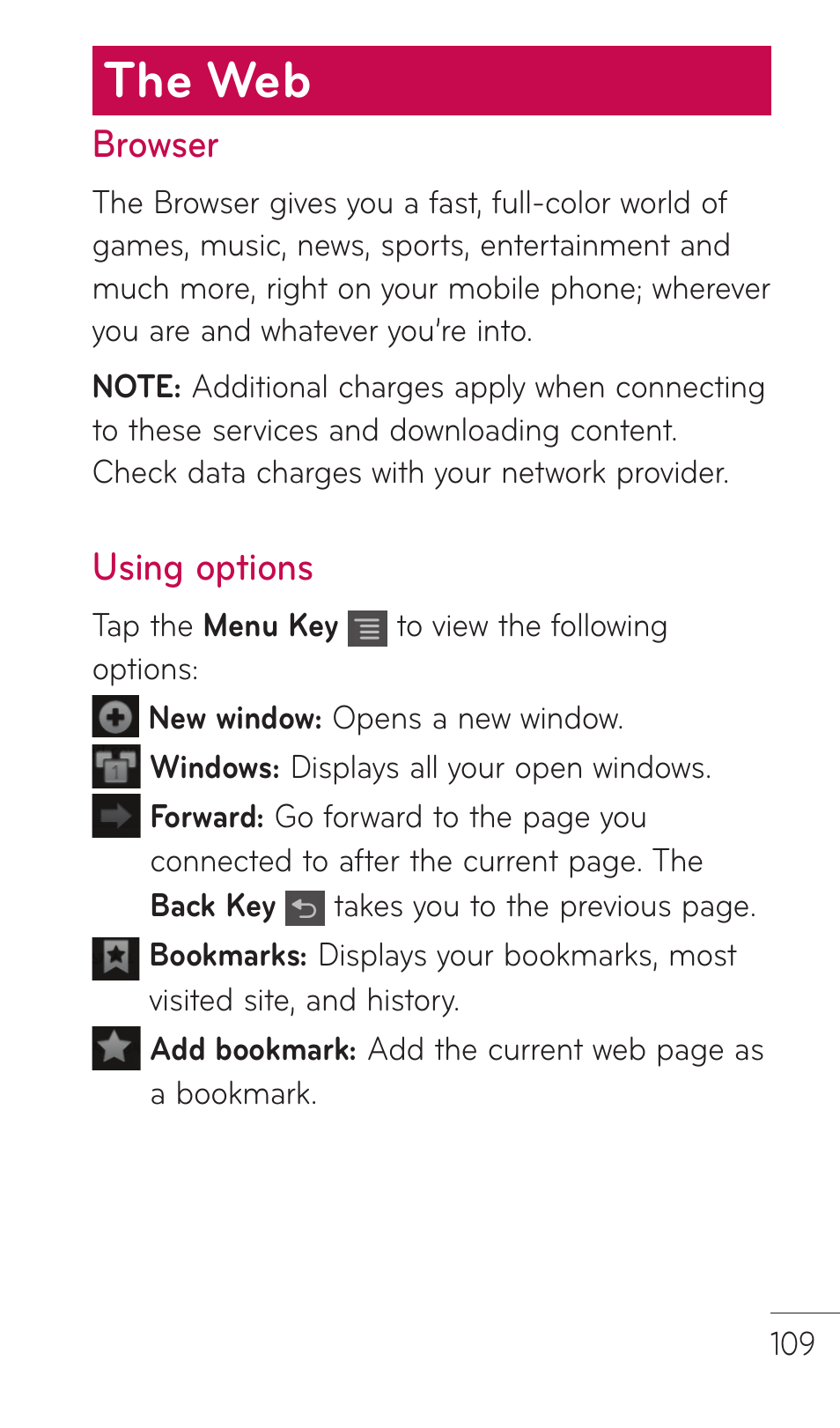 The web, Browser, Using options | LG DOUBLEPLAY MFL67441301 User Manual | Page 109 / 196