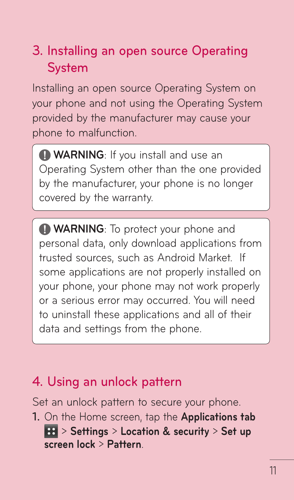 Installing an open source operating system, Using an unlock pattern | LG DOUBLEPLAY MFL67441301 User Manual | Page 11 / 196