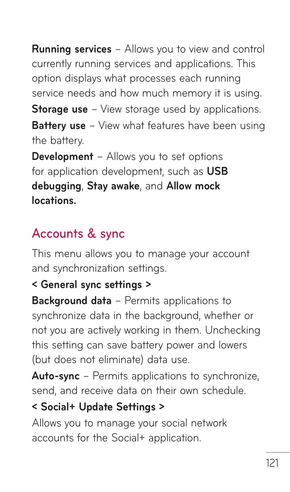 Accounts & sync | LG DOUBLEPLAY MFL67441301 User Manual | Page 121 / 196