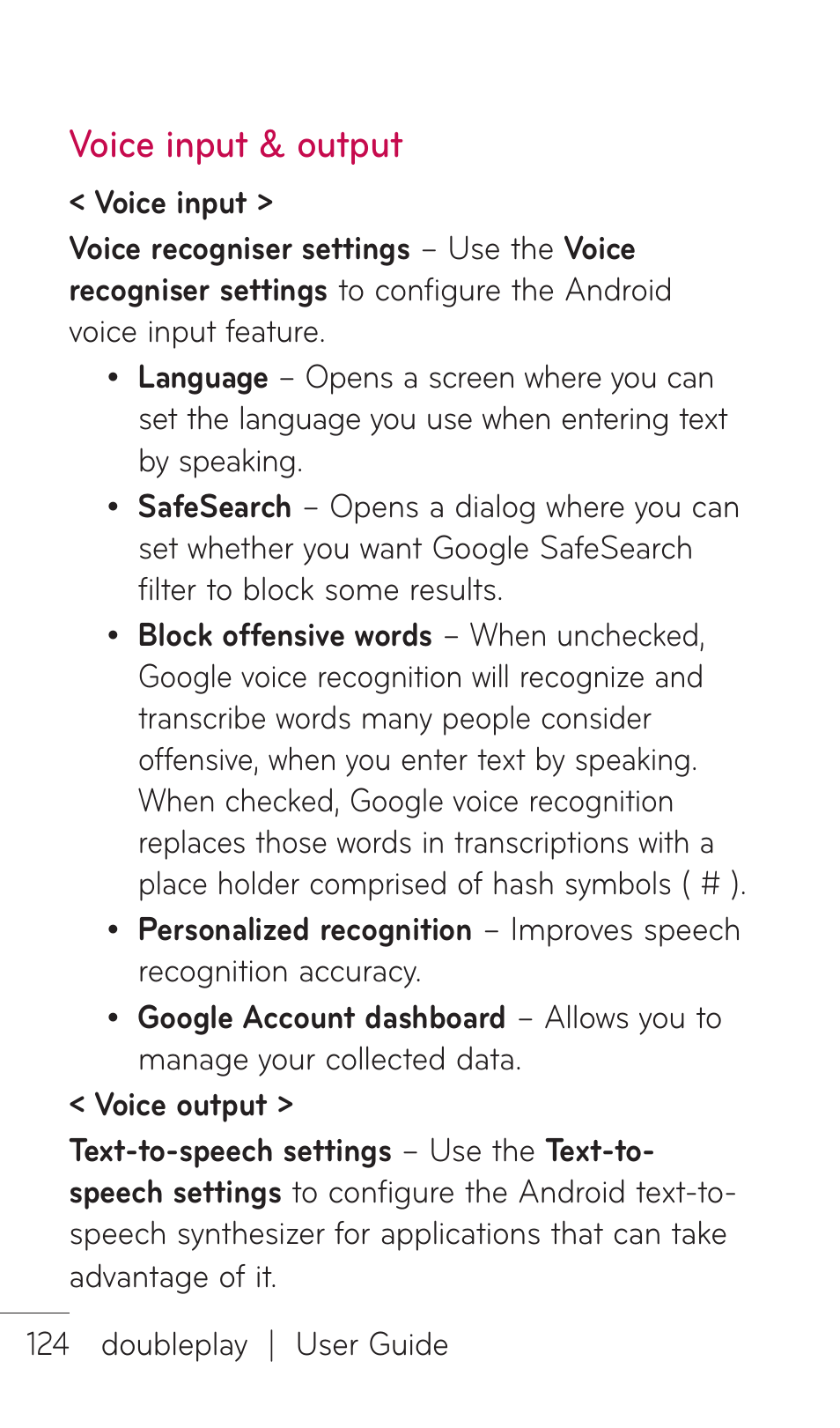 Voice input & output | LG DOUBLEPLAY MFL67441301 User Manual | Page 124 / 196