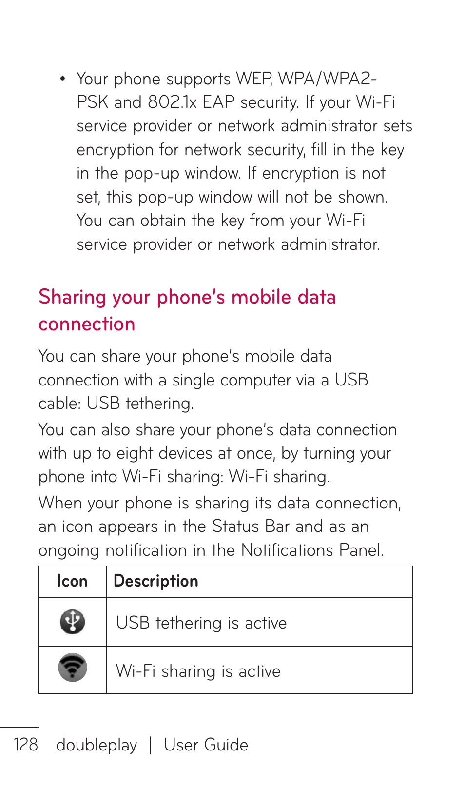 Sharing your phone’s mobile data connection | LG DOUBLEPLAY MFL67441301 User Manual | Page 128 / 196