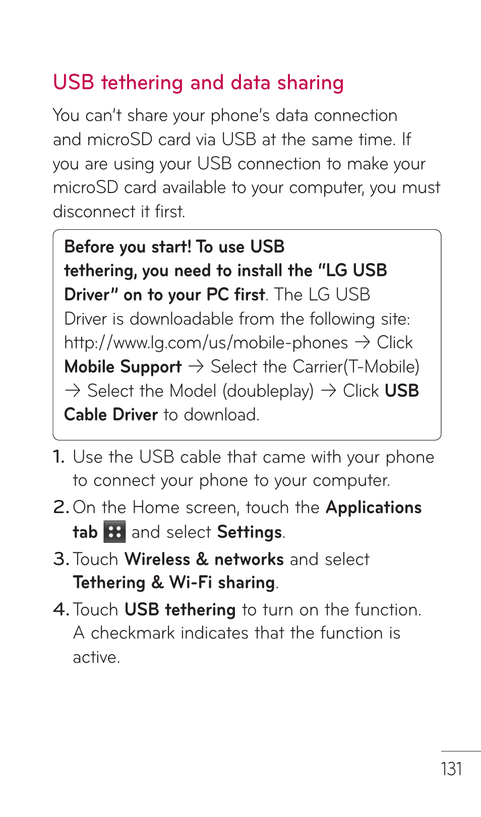 Usb tethering and data sharing | LG DOUBLEPLAY MFL67441301 User Manual | Page 131 / 196