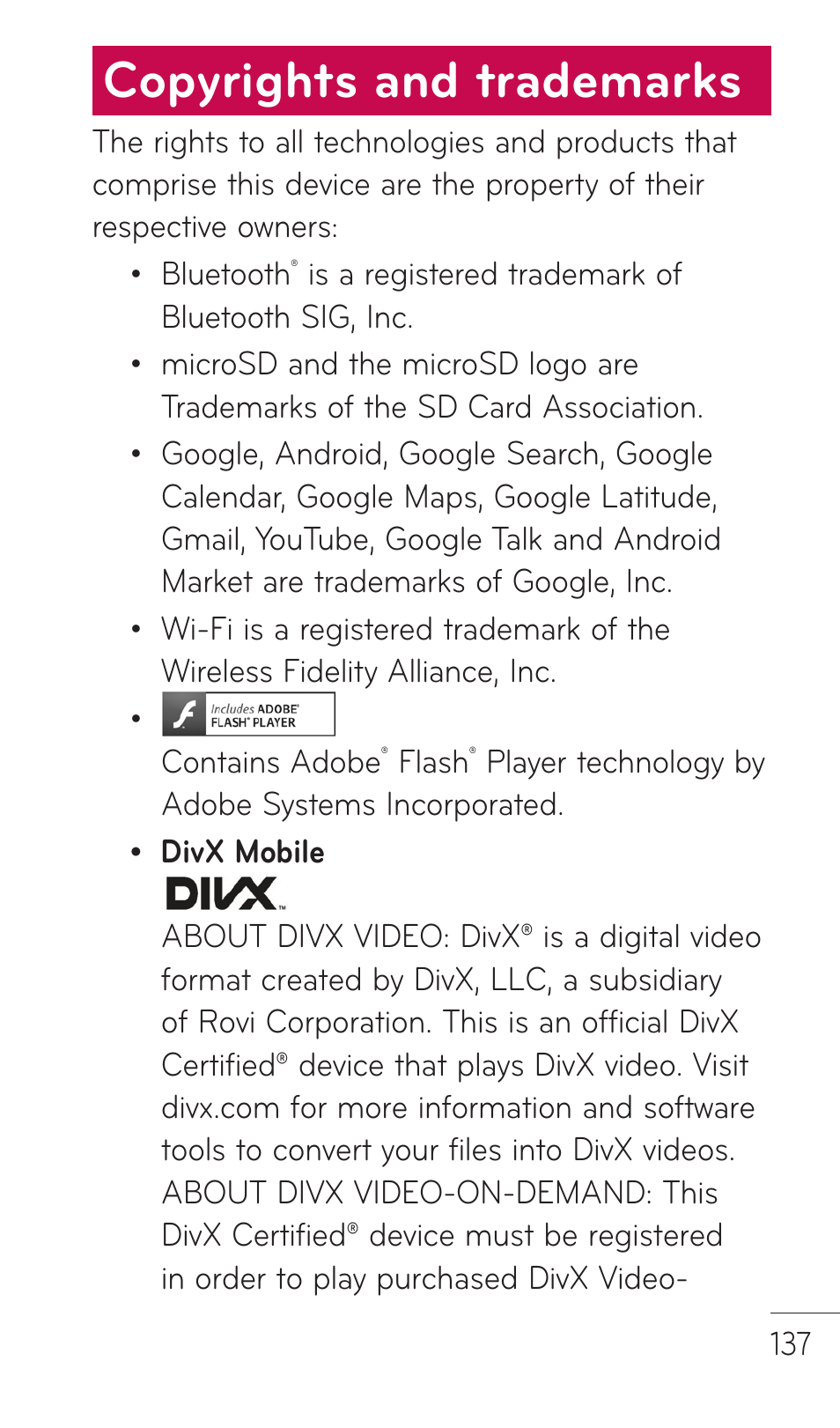 Copyrights and trademarks | LG DOUBLEPLAY MFL67441301 User Manual | Page 137 / 196