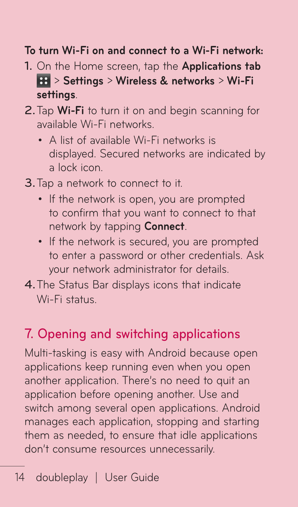 Opening and switching applications | LG DOUBLEPLAY MFL67441301 User Manual | Page 14 / 196
