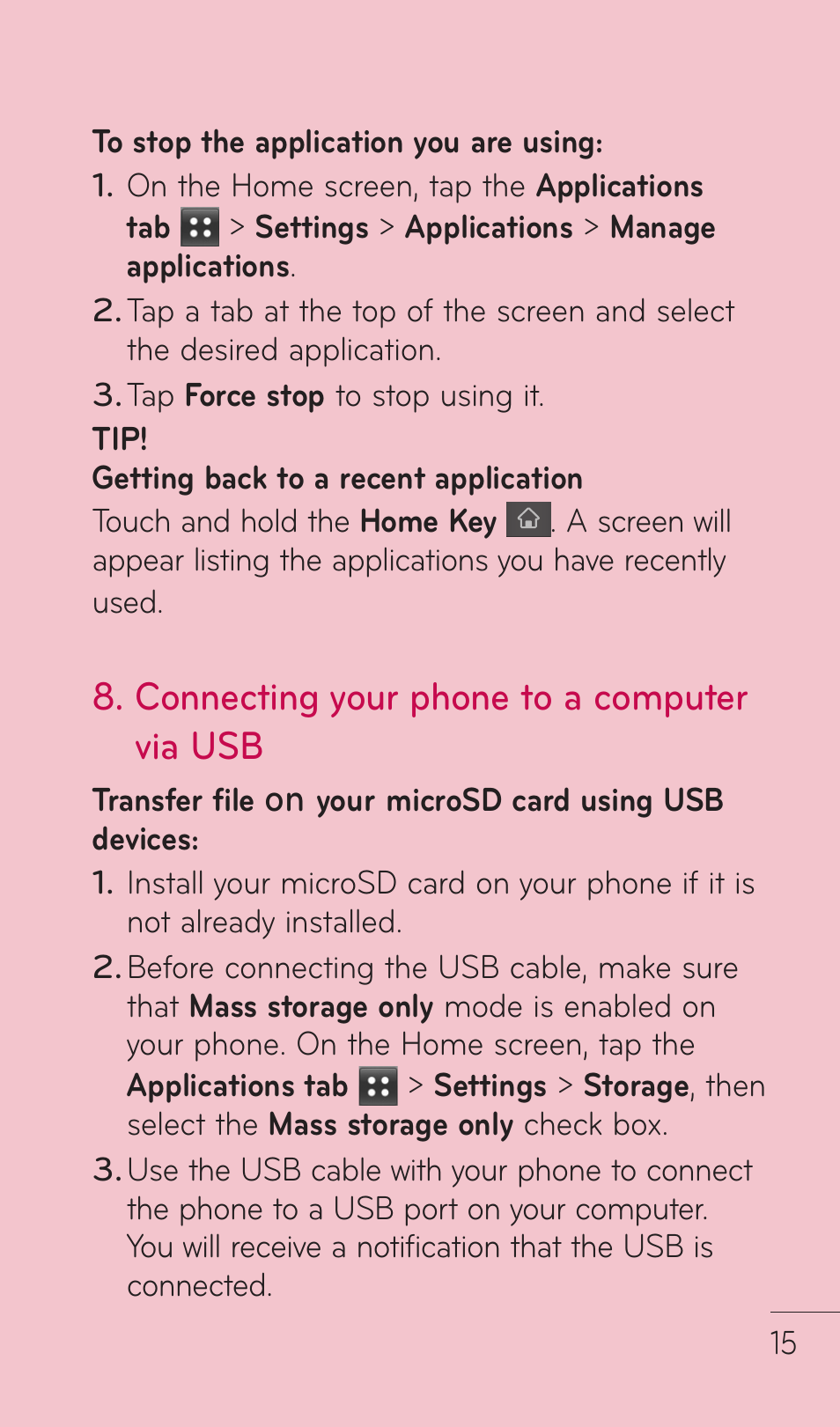 Connecting your phone to a computer via usb | LG DOUBLEPLAY MFL67441301 User Manual | Page 15 / 196
