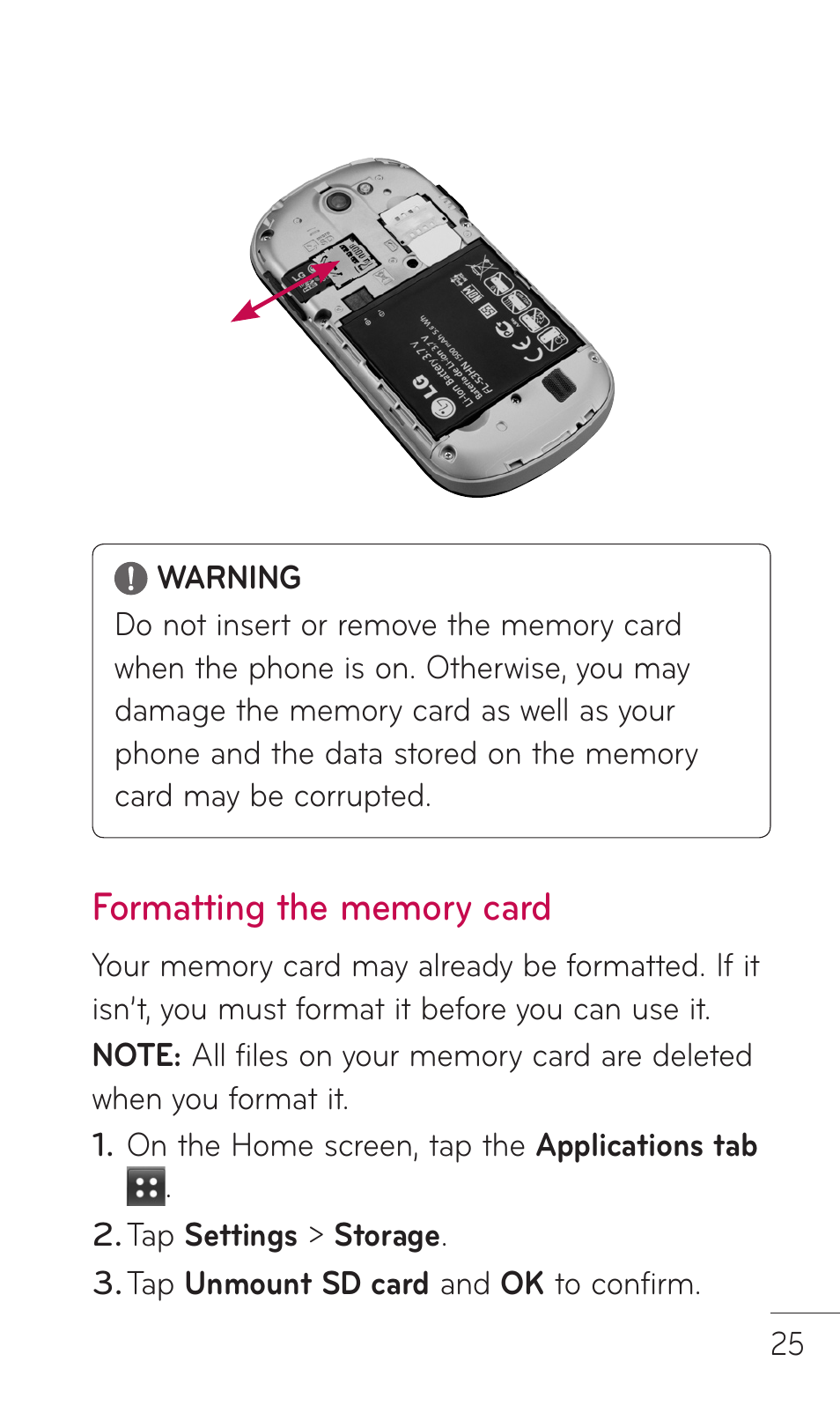 Formatting the memory card | LG DOUBLEPLAY MFL67441301 User Manual | Page 25 / 196