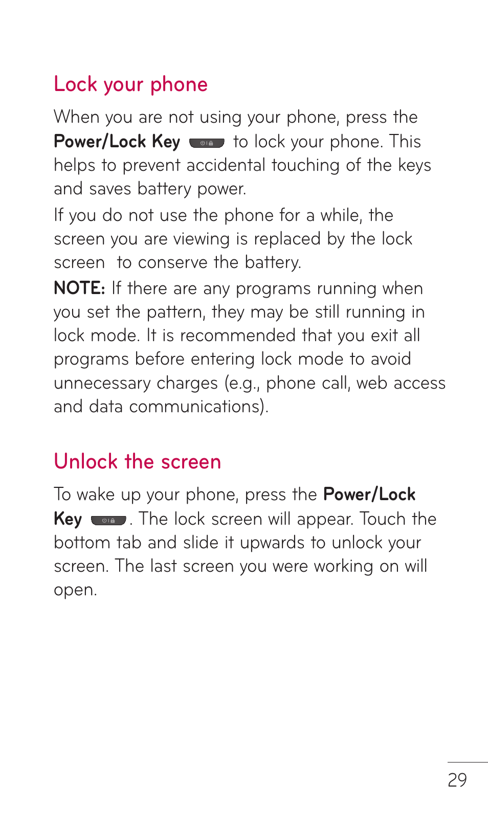 Lock your phone, Unlock the screen | LG DOUBLEPLAY MFL67441301 User Manual | Page 29 / 196