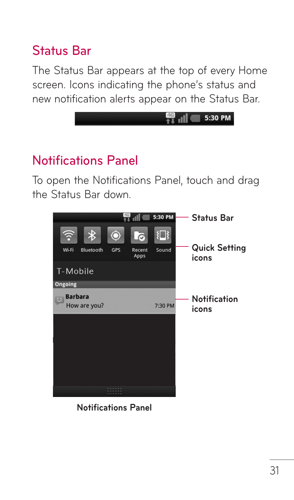 Status bar, Notifications panel | LG DOUBLEPLAY MFL67441301 User Manual | Page 31 / 196