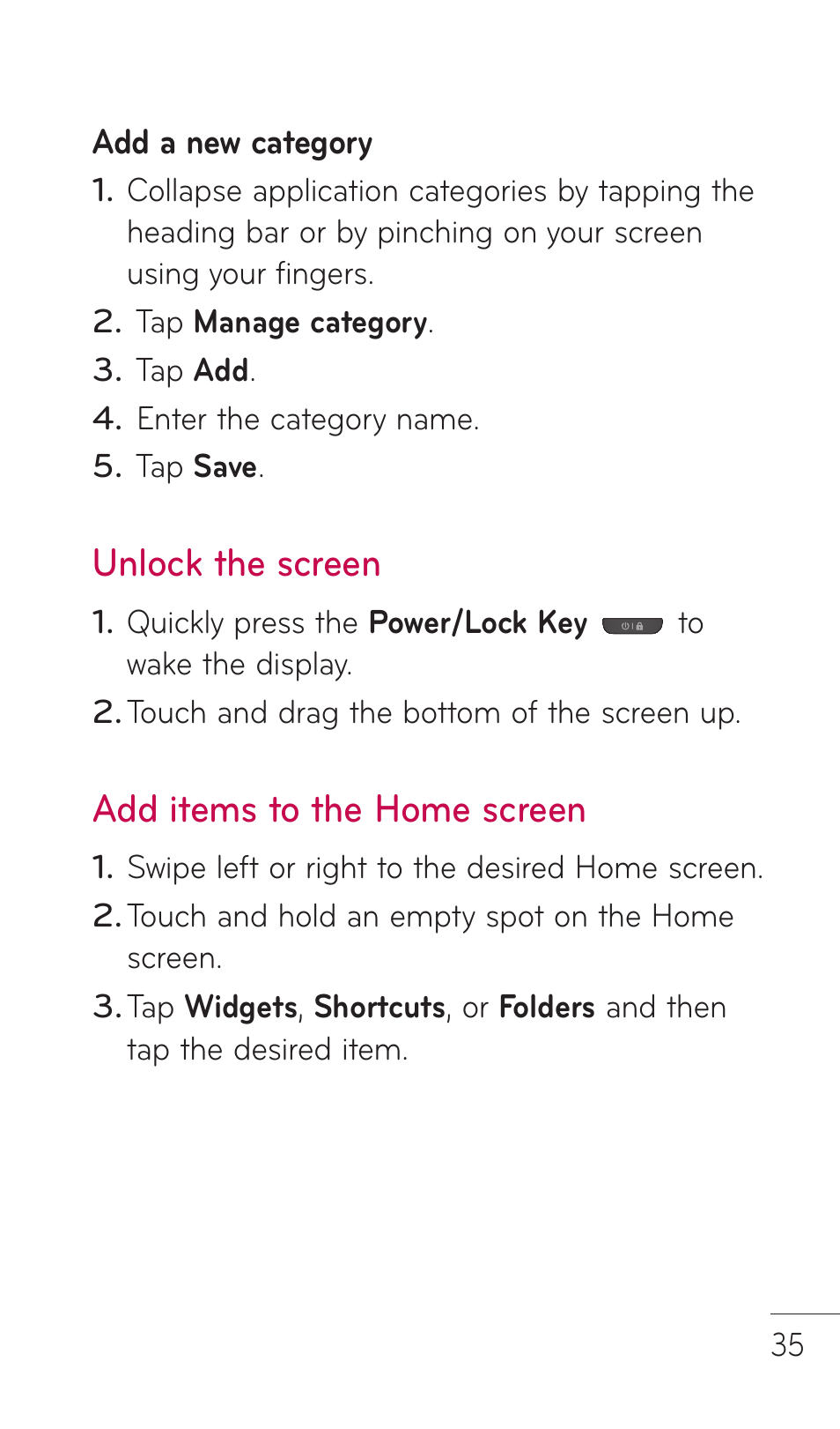 Unlock the screen, Add items to the home screen | LG DOUBLEPLAY MFL67441301 User Manual | Page 35 / 196