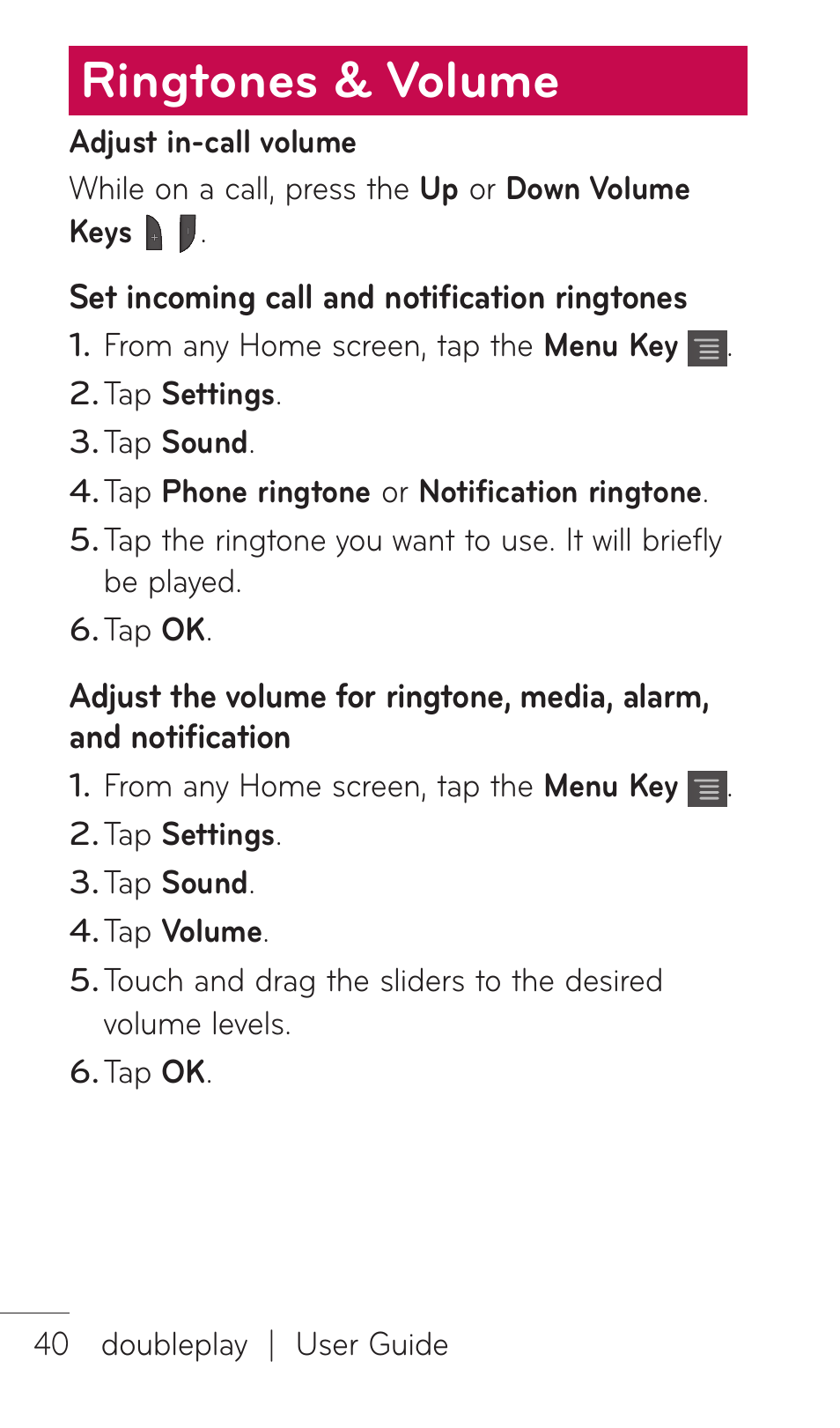 Ringtones & volume | LG DOUBLEPLAY MFL67441301 User Manual | Page 40 / 196