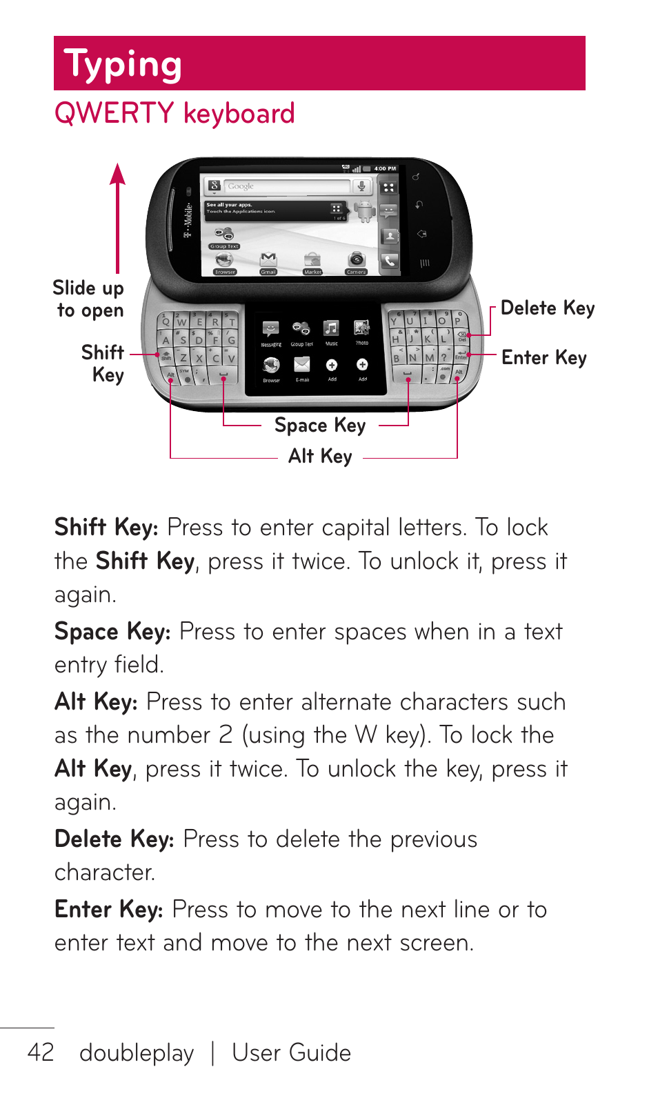 Typing, Qwerty keyboard | LG DOUBLEPLAY MFL67441301 User Manual | Page 42 / 196