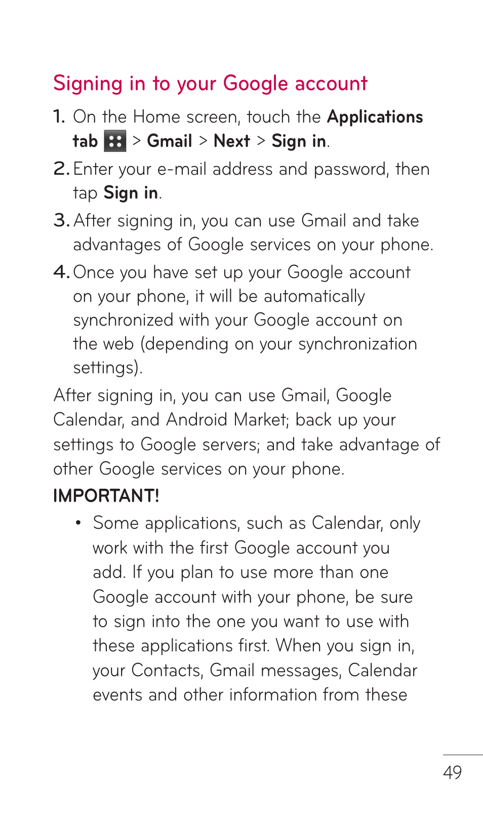 Signing in to your google account | LG DOUBLEPLAY MFL67441301 User Manual | Page 49 / 196