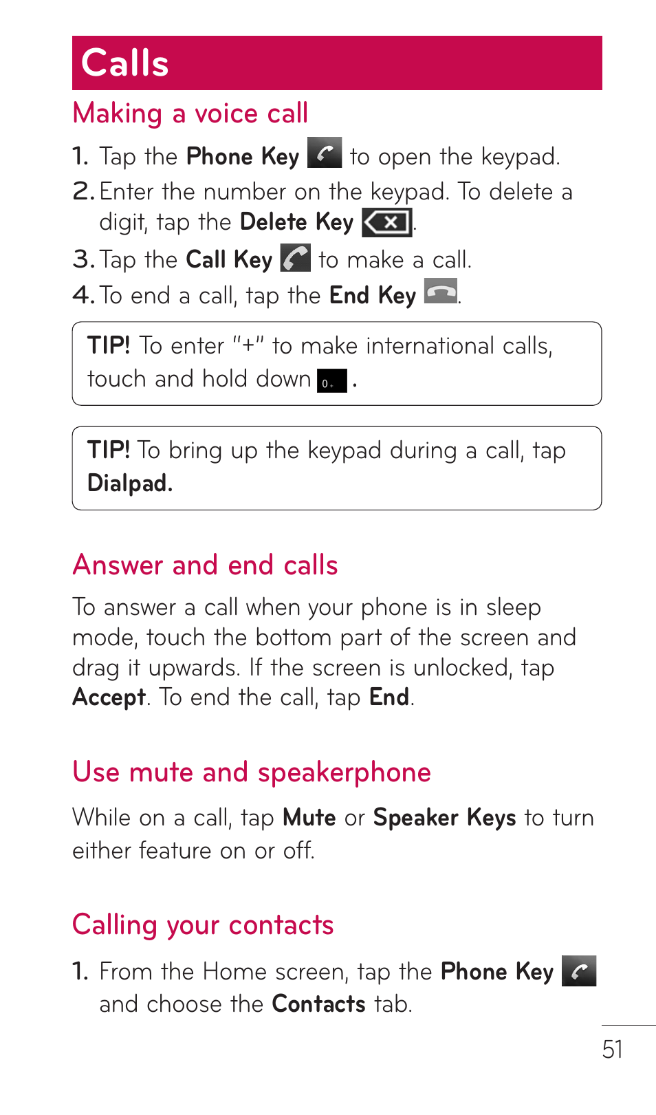 Calls, Making a voice call, Answer and end calls | Use mute and speakerphone, Calling your contacts | LG DOUBLEPLAY MFL67441301 User Manual | Page 51 / 196