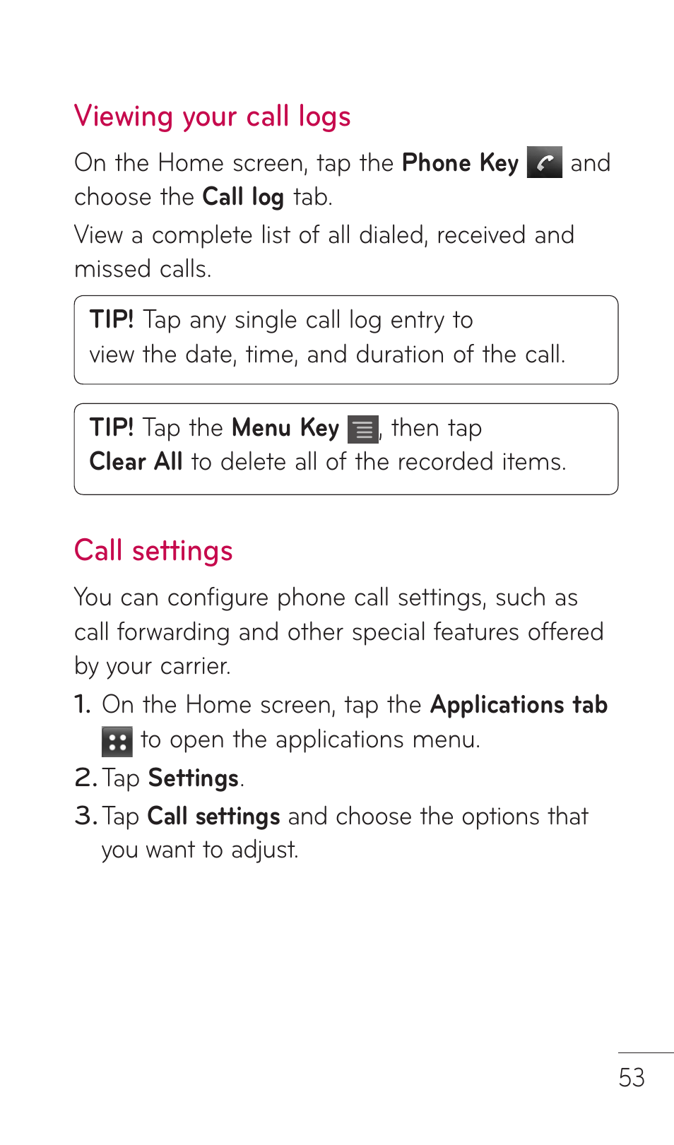 Viewing your call logs, Call settings | LG DOUBLEPLAY MFL67441301 User Manual | Page 53 / 196