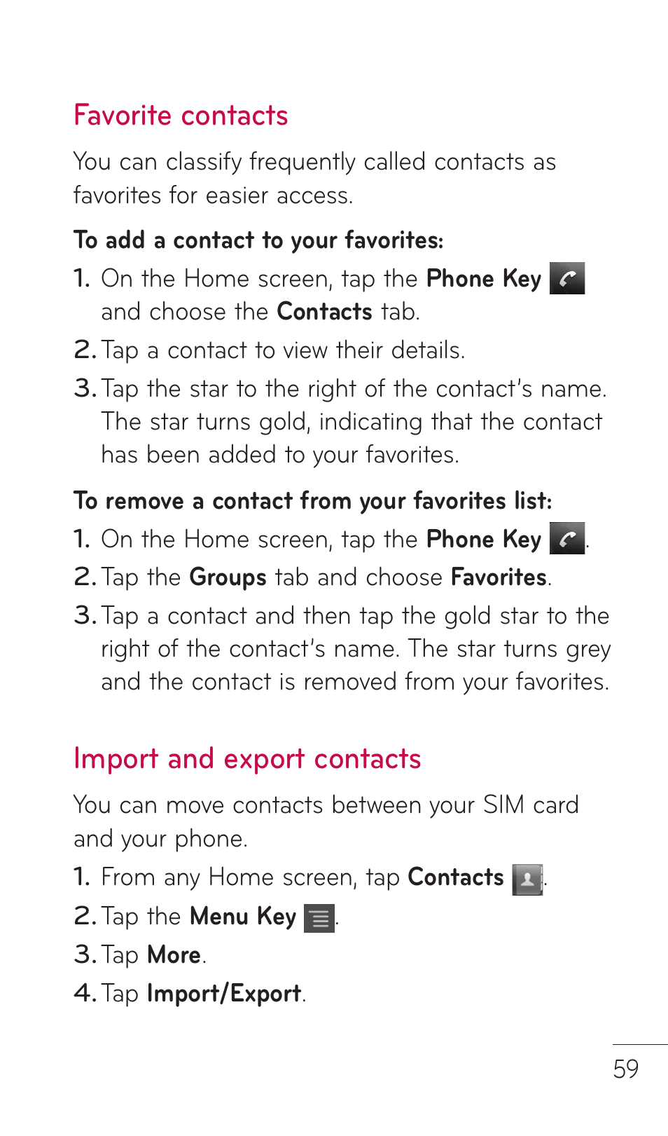 Favorite contacts, Import and export contacts | LG DOUBLEPLAY MFL67441301 User Manual | Page 59 / 196