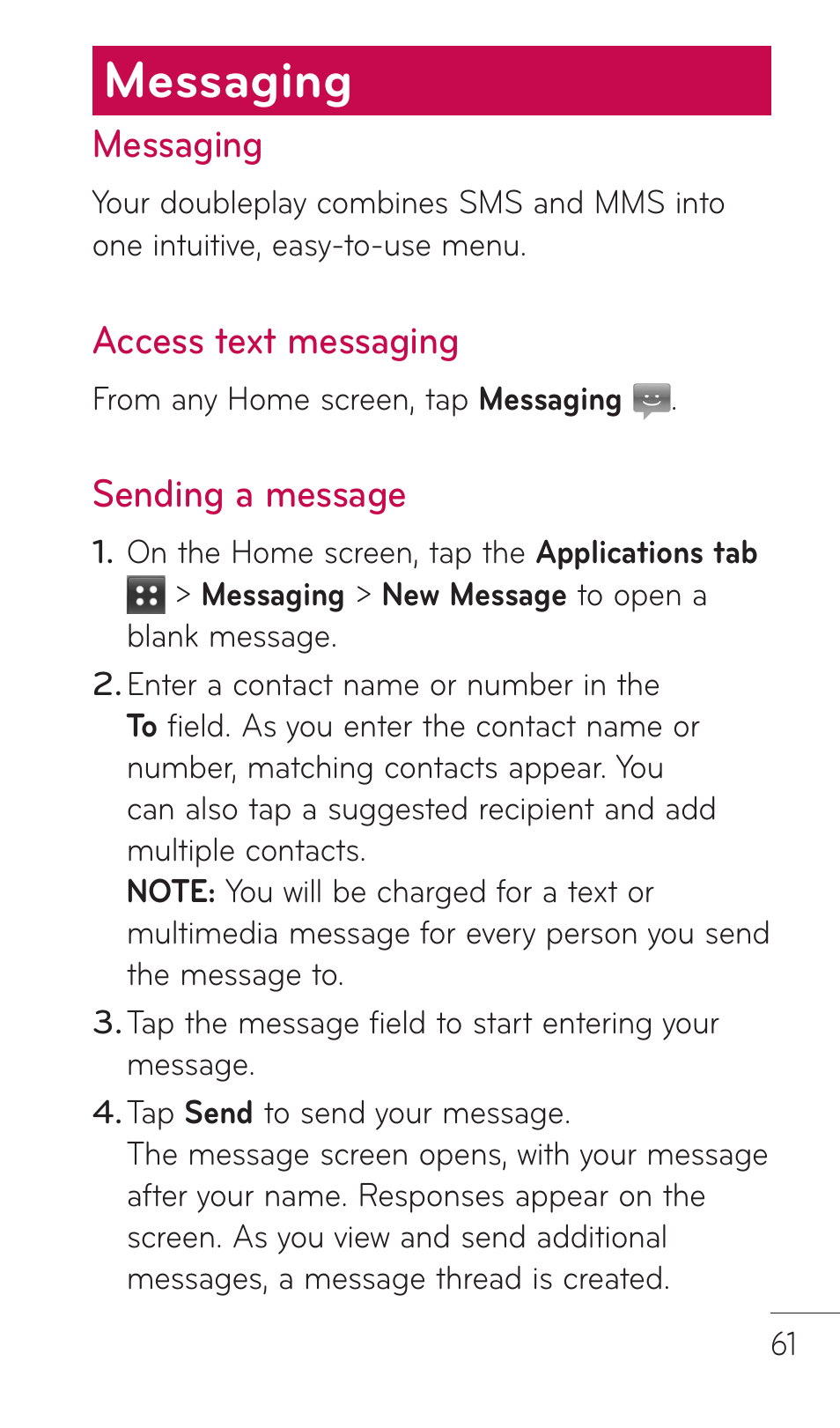 Messaging, Access text messaging, Sending a message | LG DOUBLEPLAY MFL67441301 User Manual | Page 61 / 196