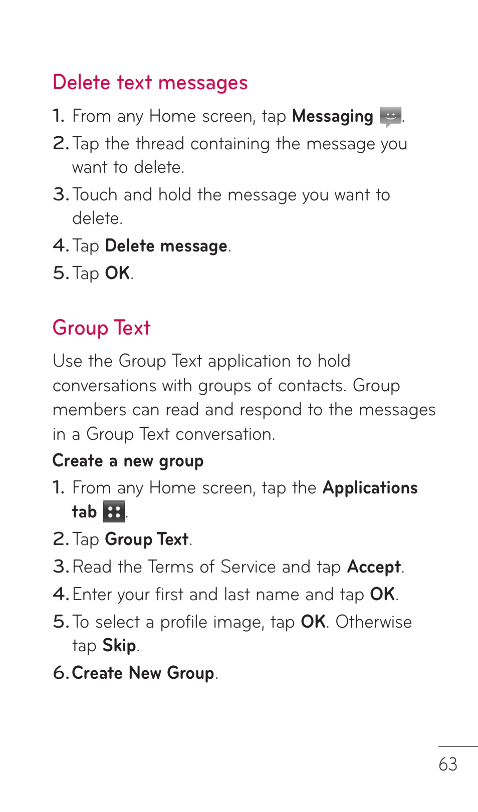 Delete text messages, Group text | LG DOUBLEPLAY MFL67441301 User Manual | Page 63 / 196
